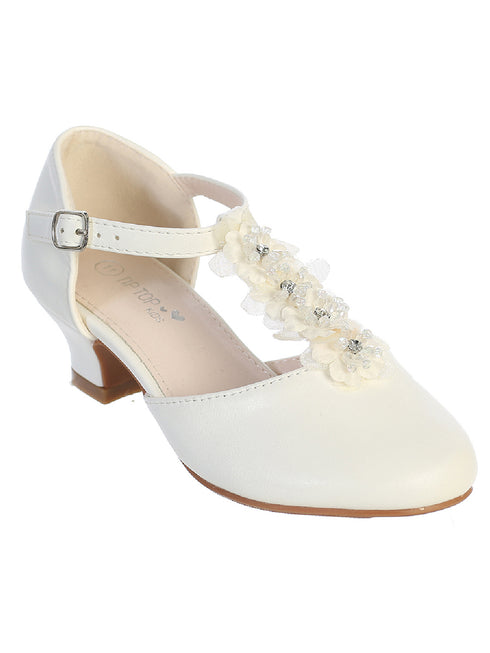 Tip Top Kids Girls Ivory Rhinestone Flower T Strap Dress Shoes 9 Toddler-5 Kids - SophiasStyle.com